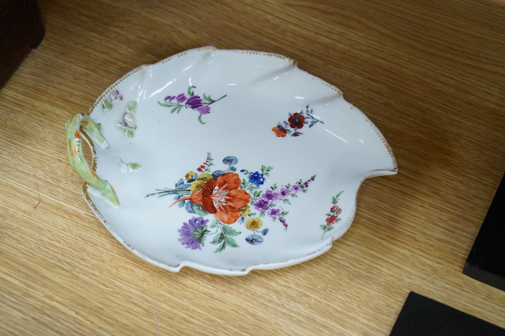 A pair of late 18th / early 19th century Meissen ‘leaf’ dishes, 25cm
